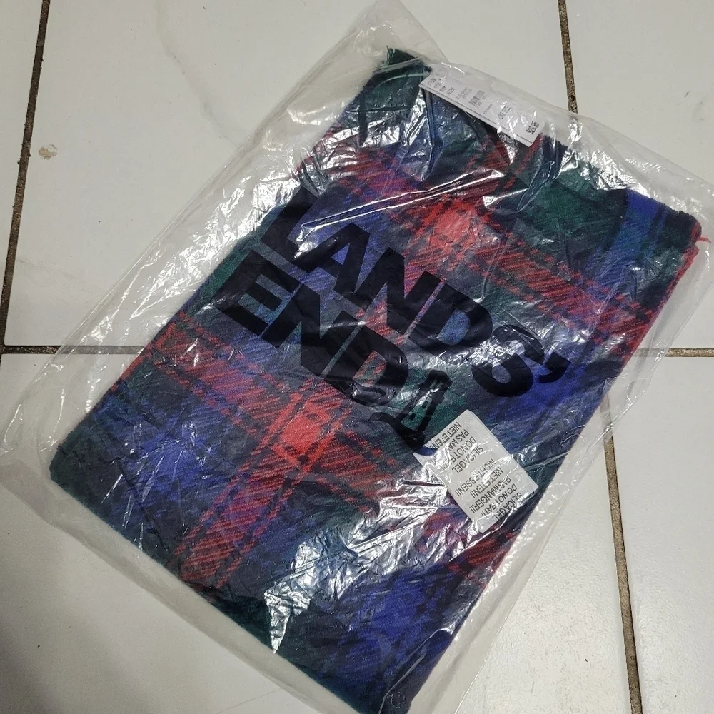 Lands' End Multicolor Plaid Scarf One Size Deep Sea Navy Festival New